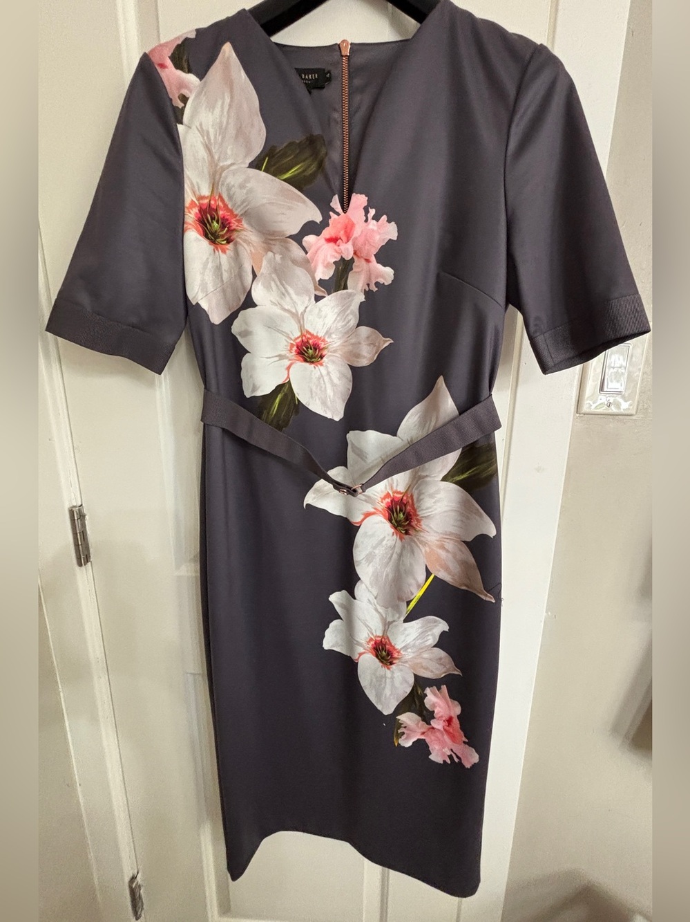 Ted Baker Charcoal Midi Dress with White Floral Print - Picture 3 of 11